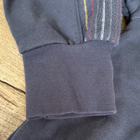 Evereve Denim Blue Sweatshirt multi colored embroidered stripes on arms Med - Picture 5 of 11